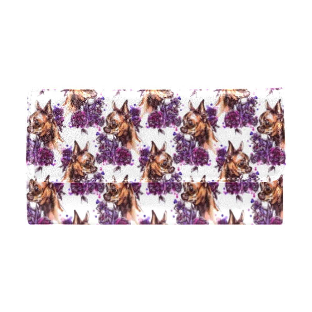 Chihuahua Purple Floral Women's Trifold Wallet