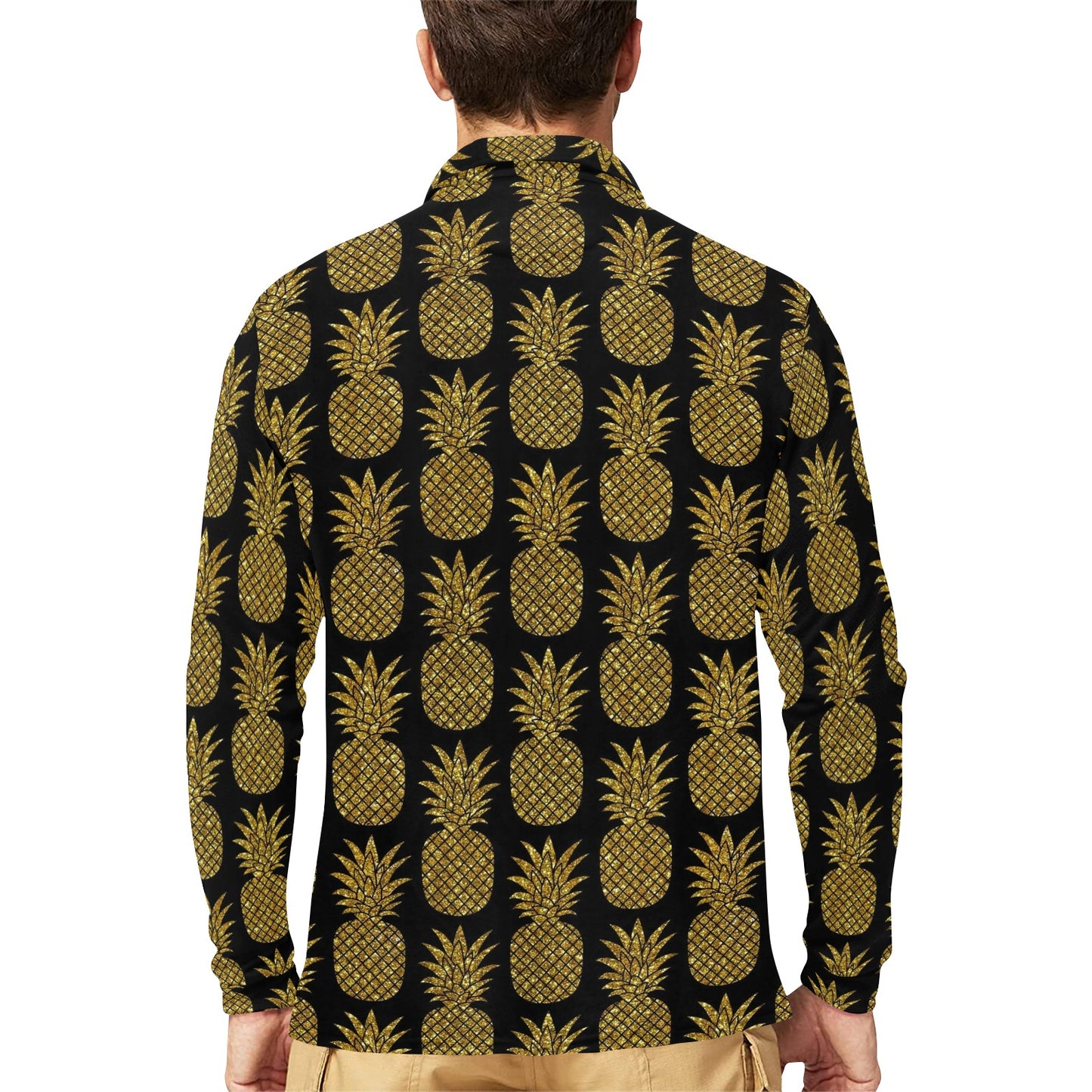 Gold Pineapple Pattern Print Design PP011 Long Sleeve Polo Shirt For Men's