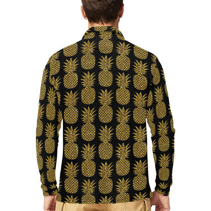 Gold Pineapple Pattern Print Design PP011 Long Sleeve Polo Shirt For Men's