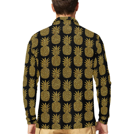 Gold Pineapple Pattern Print Design PP011 Long Sleeve Polo Shirt For Men's
