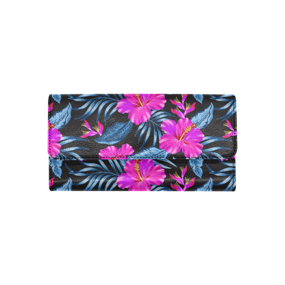 Neon Pink Hibiscus Pattern Print Design HB015 Women's Trifold Wallet