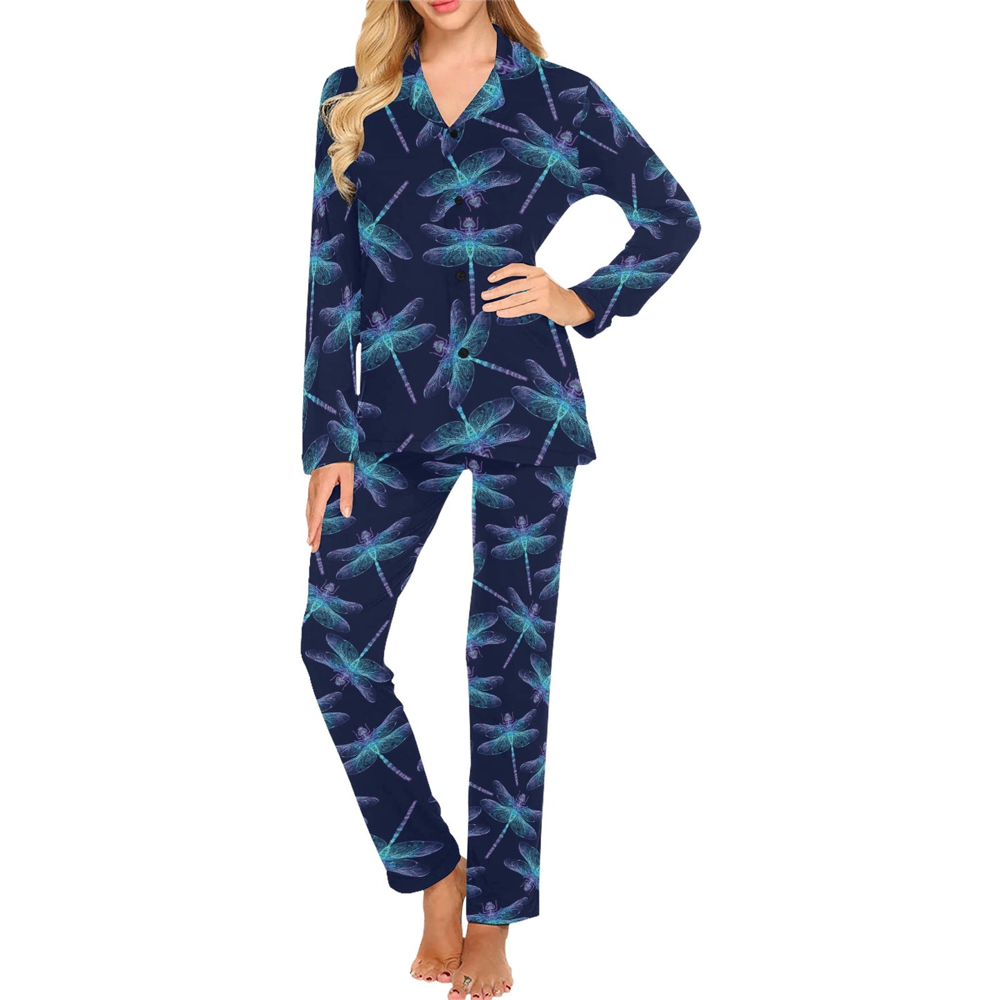 Dragonfly Hand Drawn Style Print Women's Long Pajama Set