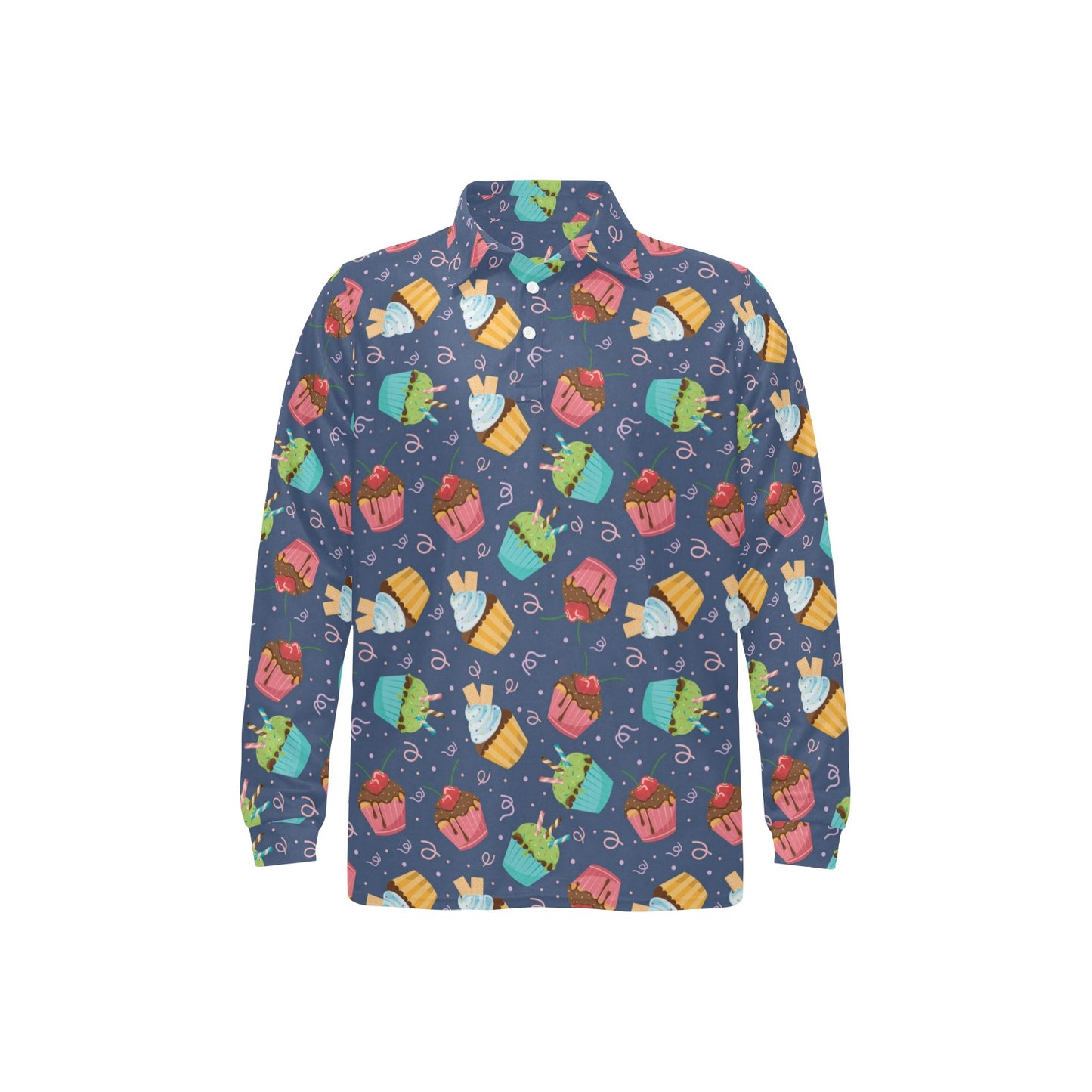 Cupcake Pattern Print Design 02 Long Sleeve Polo Shirt For Men's