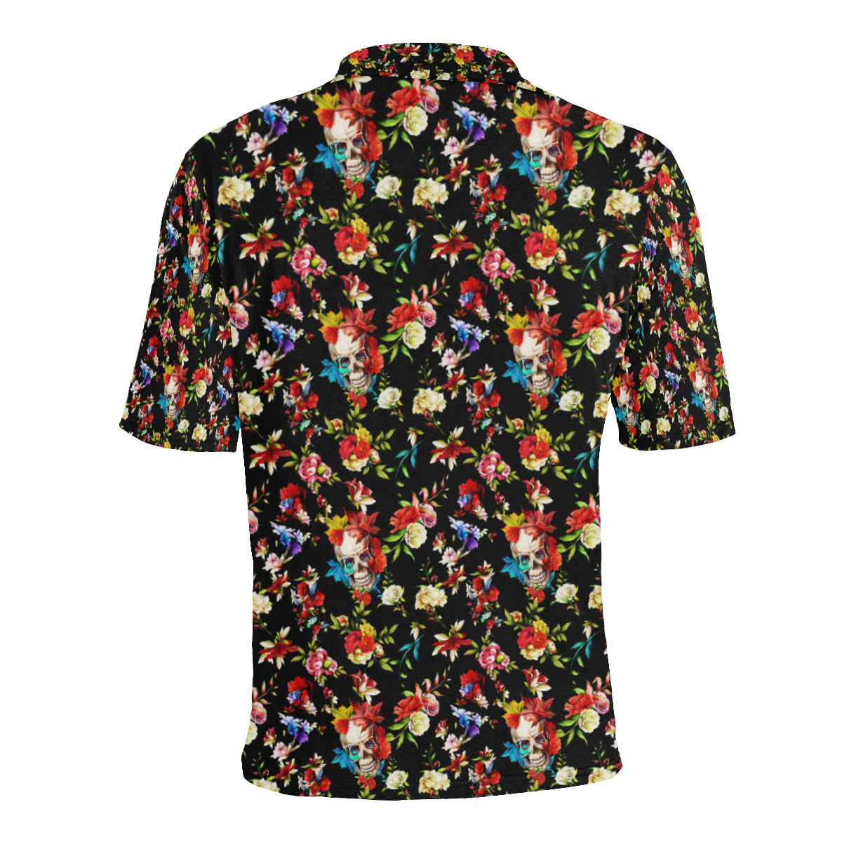 Skull Roses Flower Design Themed Print Men Polo Shirt