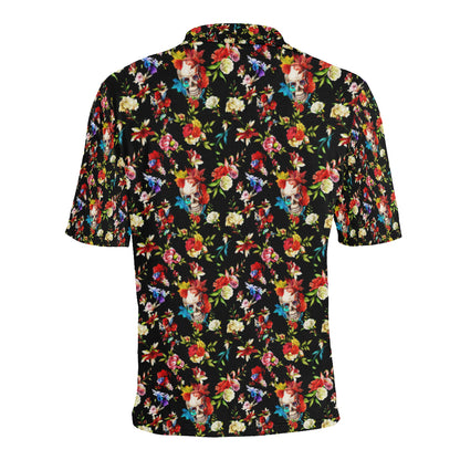 Skull Roses Flower Design Themed Print Men Polo Shirt