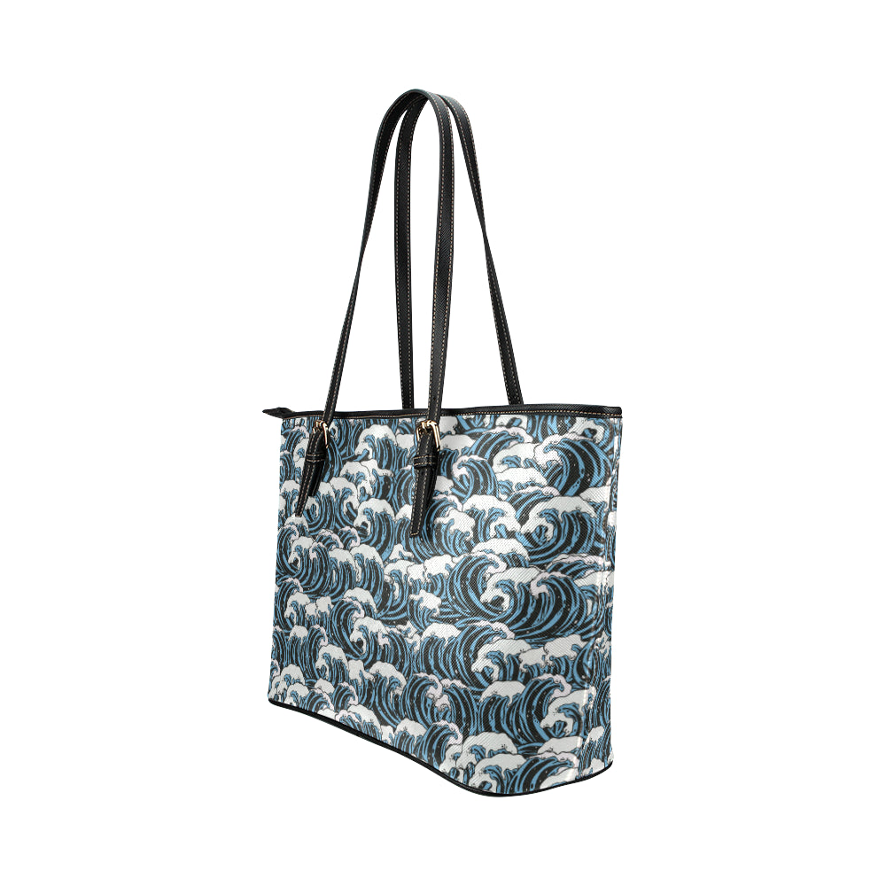 Surf Wave Pattern Print Leather Tote Bag