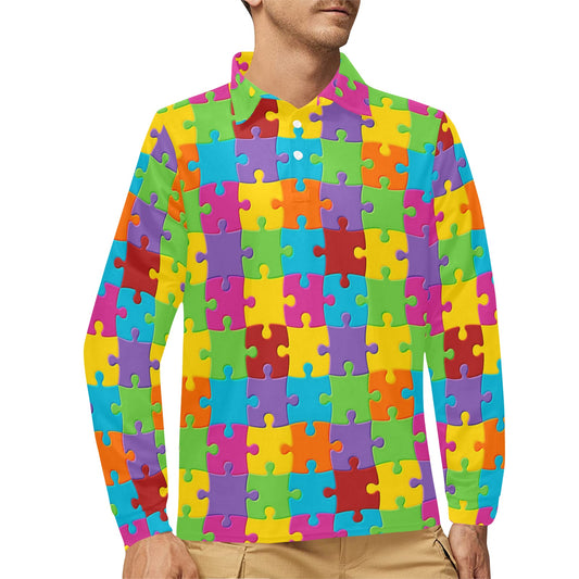 Autism Awareness Pattern Print Design 02 Long Sleeve Polo Shirt For Men's