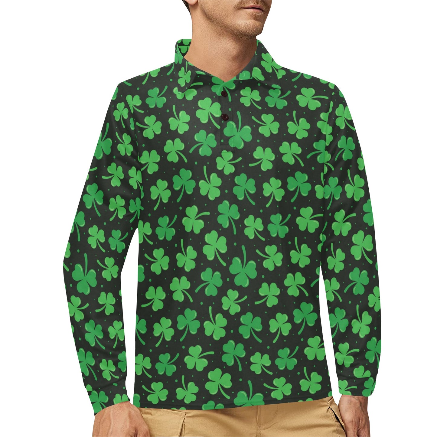 Clover Pattern Print Design 04 Long Sleeve Polo Shirt For Men's
