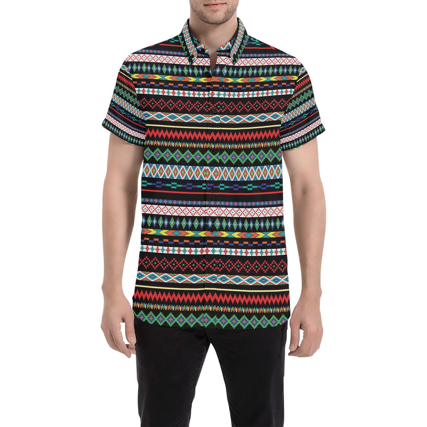 Southwest Pattern Print Design LKS302 Men Short Sleeve Button Up Shirt