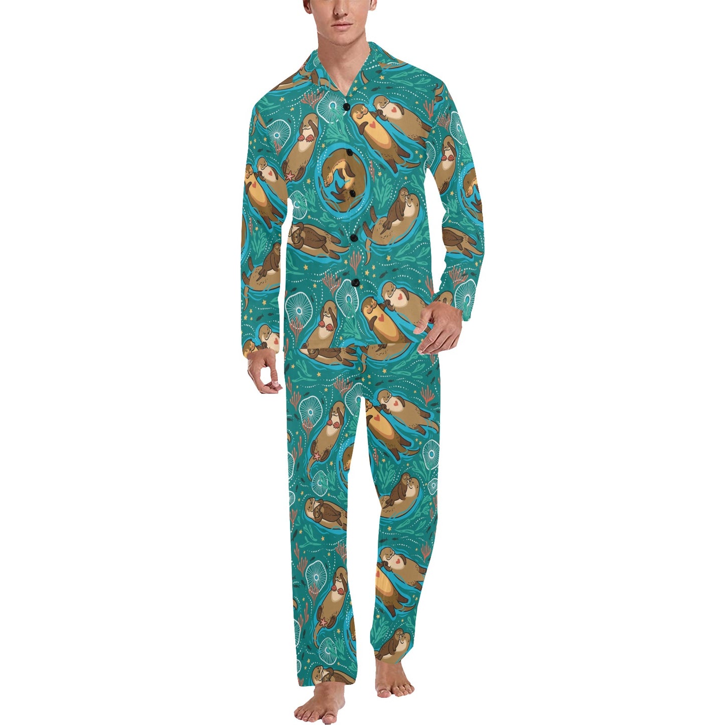 Sea Otter Pattern Print Design 01 Men's Long Pajama Set