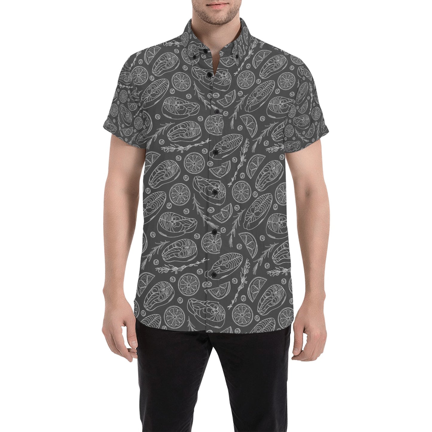 Steak Print Design LKS301 Men Short Sleeve Button Up Shirt