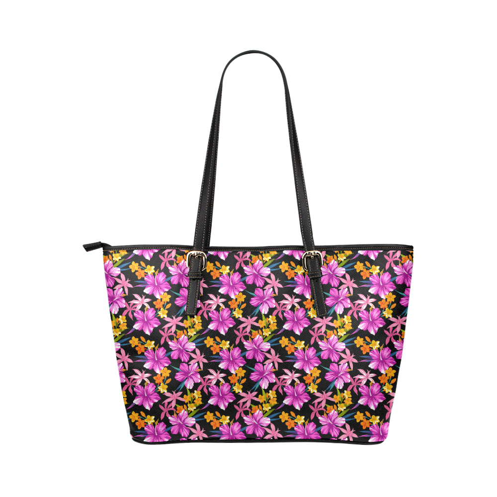 Tropical Folower Pink Hibiscus Print Leather Tote Bag