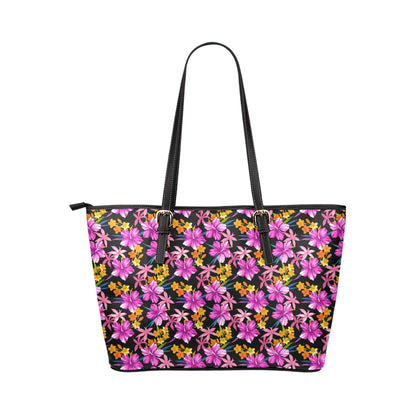 Tropical Folower Pink Hibiscus Print Leather Tote Bag