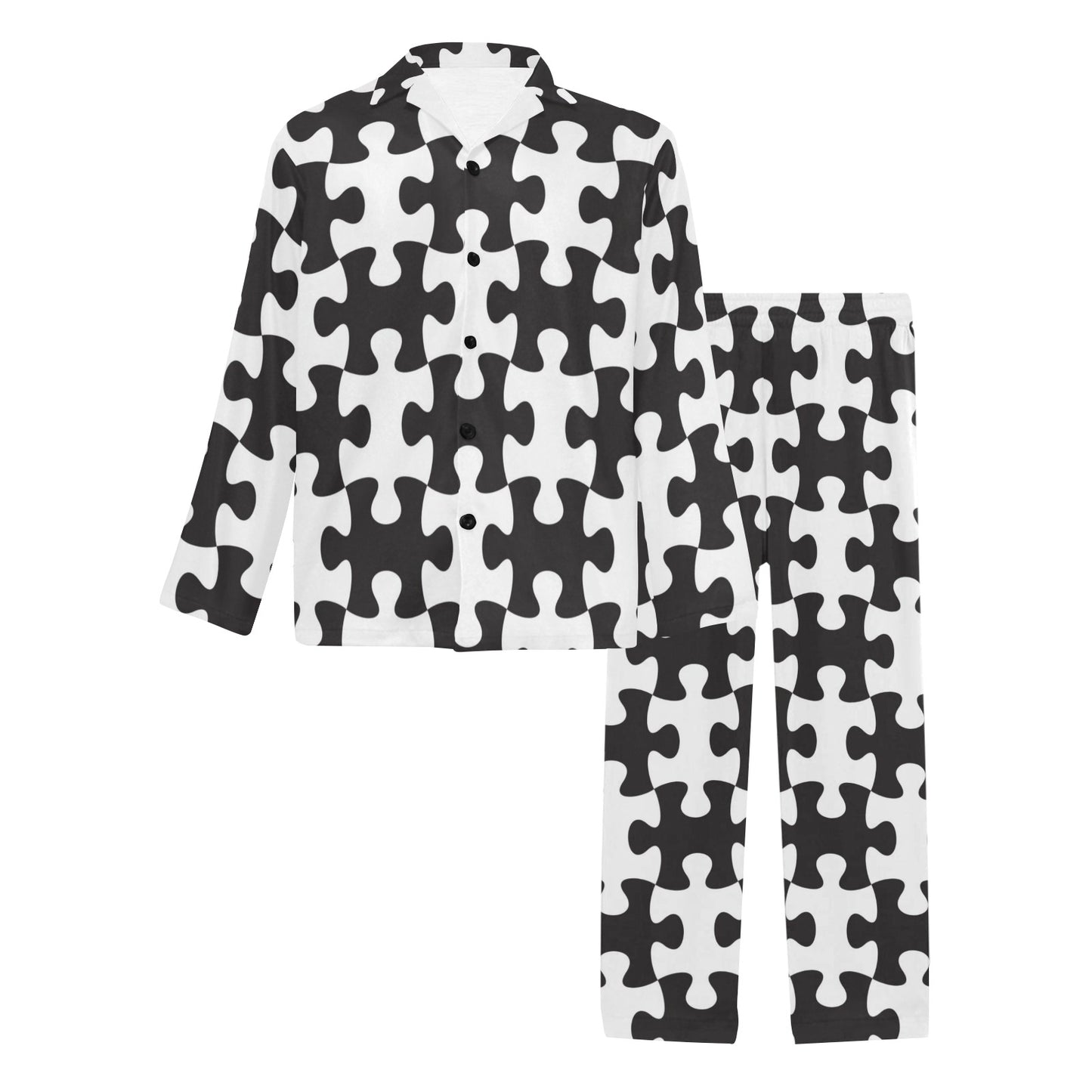 Puzzle Black White Pattern Print Design A02 Men's Long Pajama Set