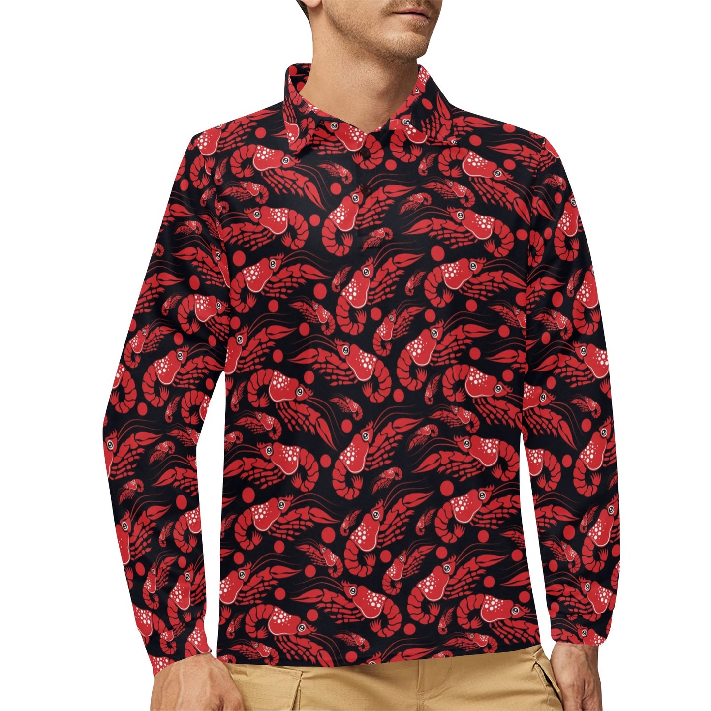 Shrimp Print Design LKS303 Long Sleeve Polo Shirt For Men's
