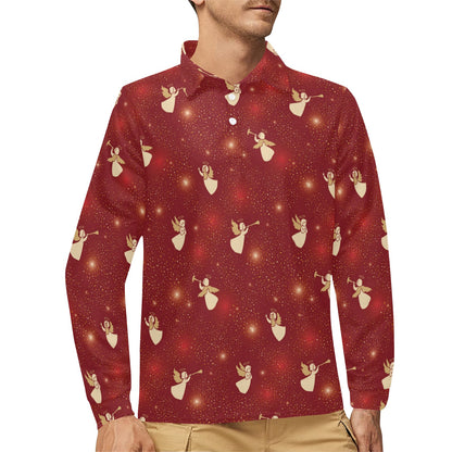 Angel Pattern Print Design 07 Long Sleeve Polo Shirt For Men's