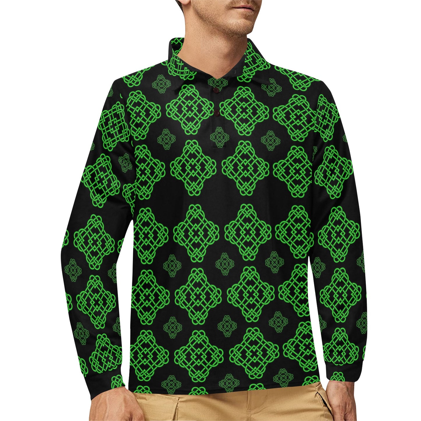 Celtic Knot Green Neon Design Long Sleeve Polo Shirt For Men's