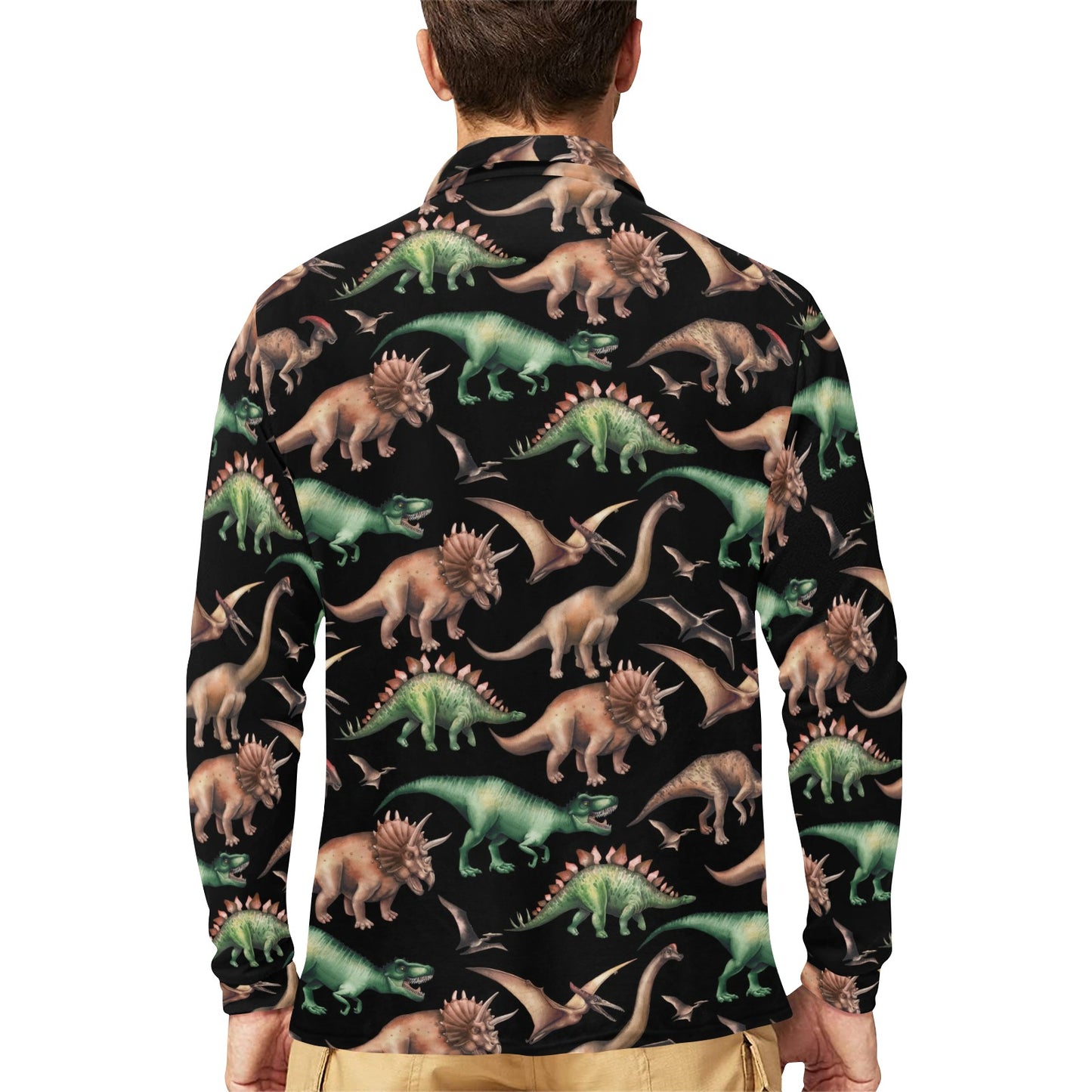 Dinosaur Print Pattern Long Sleeve Polo Shirt For Men's