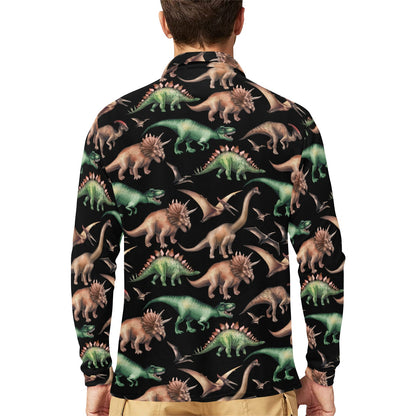 Dinosaur Print Pattern Long Sleeve Polo Shirt For Men's