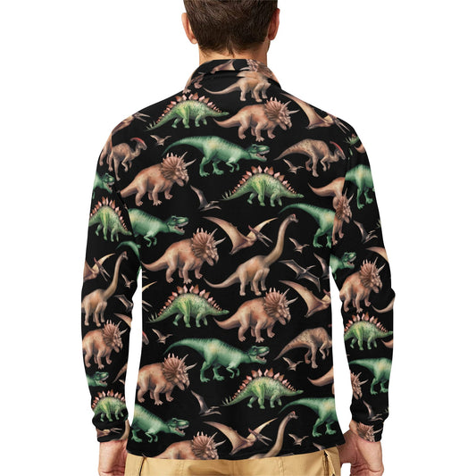 Dinosaur Print Pattern Long Sleeve Polo Shirt For Men's