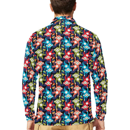 Monkey Colorful Design Themed Print Long Sleeve Polo Shirt For Men's