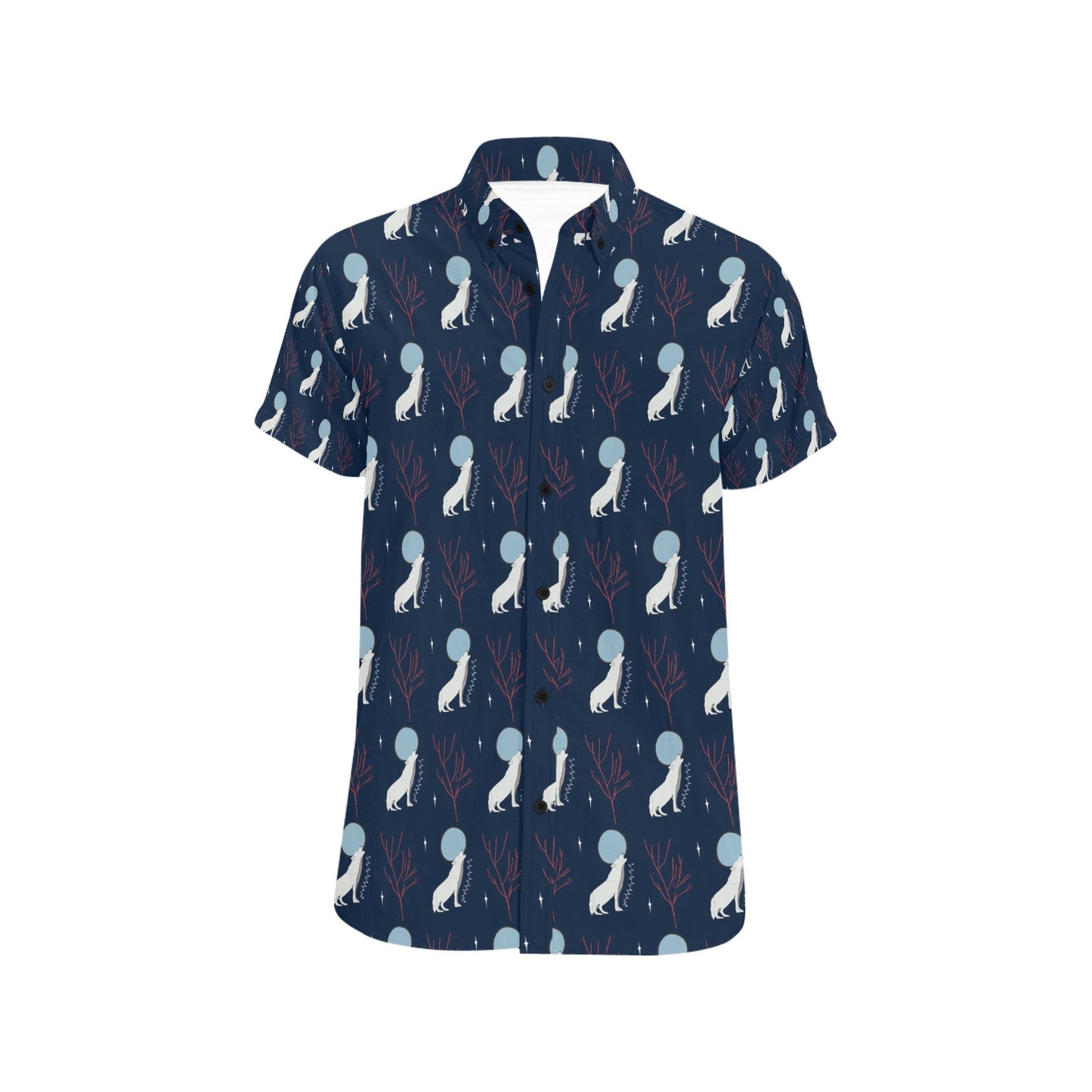 Wolf Moon Print Design LKS304 Men Short Sleeve Button Up Shirt