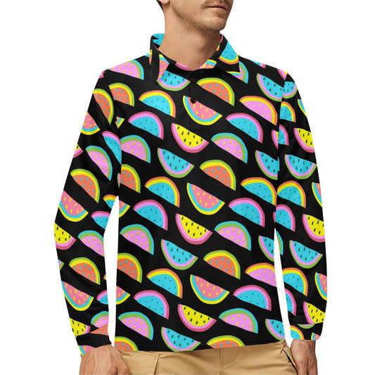 Watermelon Pattern Print Design WM08 Long Sleeve Polo Shirt For Men's