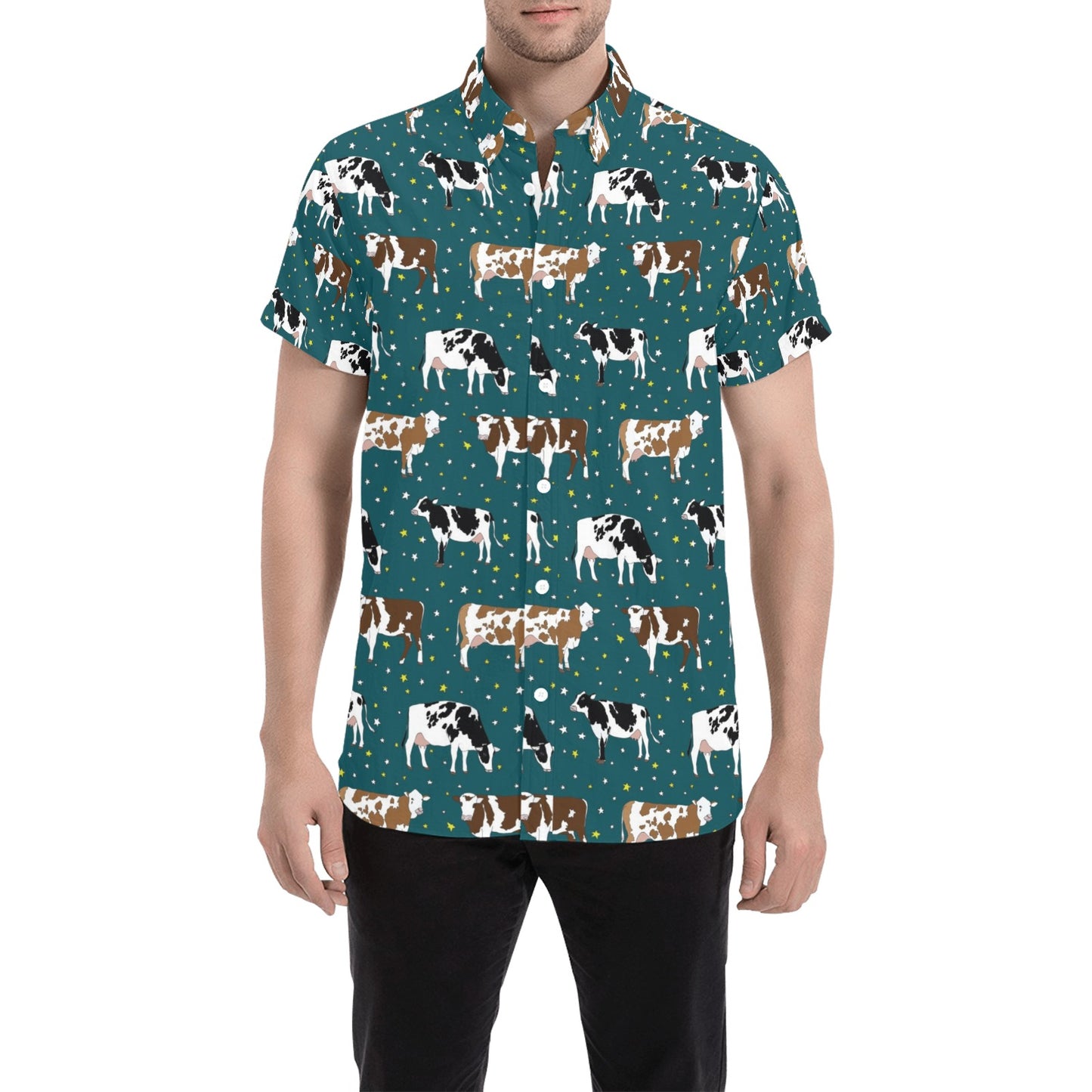 Cattle Print Design LKS404 Men Short Sleeve Button Up Shirt