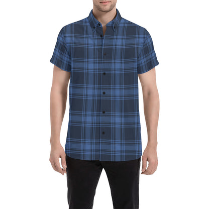 Tartan Blue Print Design LKS304 Men Short Sleeve Button Up Shirt