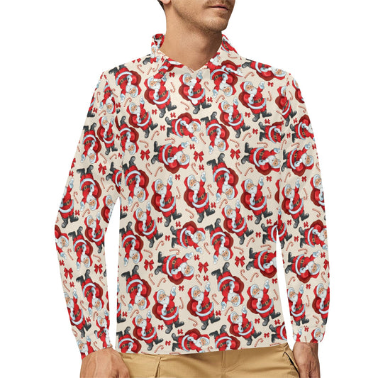 Santa Christmas Themed Print Design LKS302 Long Sleeve Polo Shirt For Men's