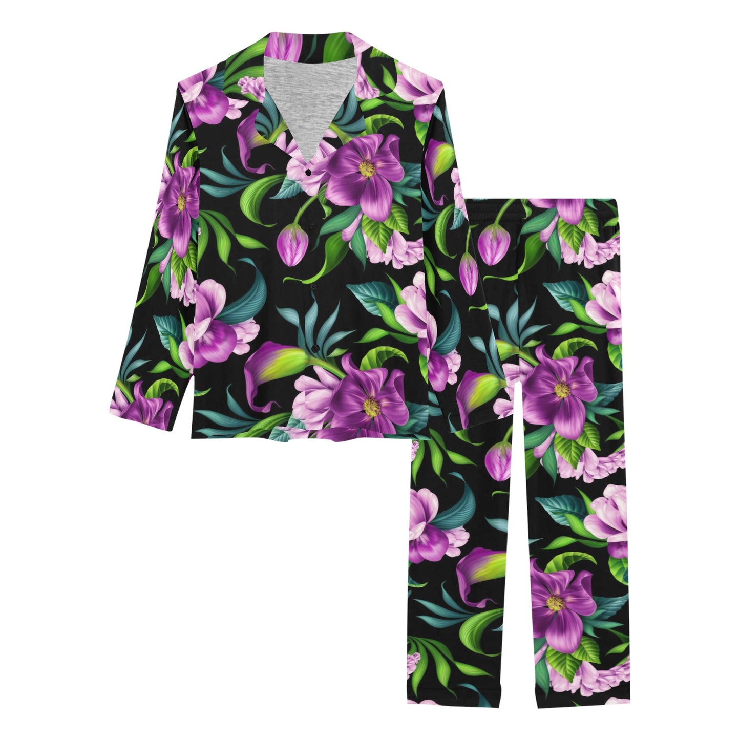 Bright Purple Floral Pattern Women's Long Pajama Set