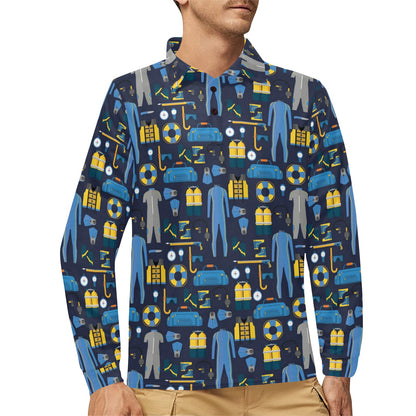 Scuba Equipment Print Design LKS305 Long Sleeve Polo Shirt For Men's