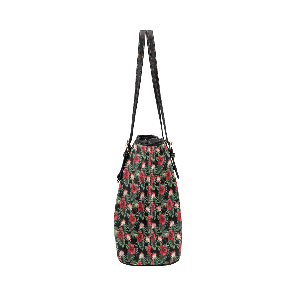 Flower Hawaiian Red Hibiscus Design Print Leather Tote Bag