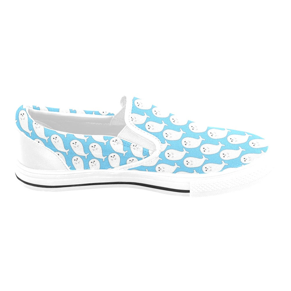 Sea Lion Print Design LKS402 White Slip Ons Canvas Women's Shoes