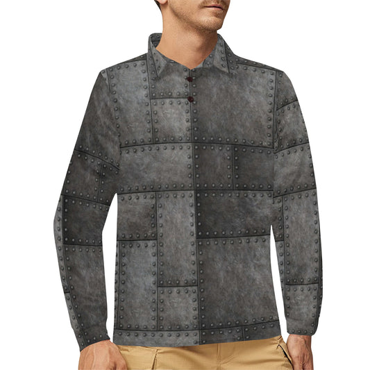Armor Pattern Print Design 02 Long Sleeve Polo Shirt For Men's