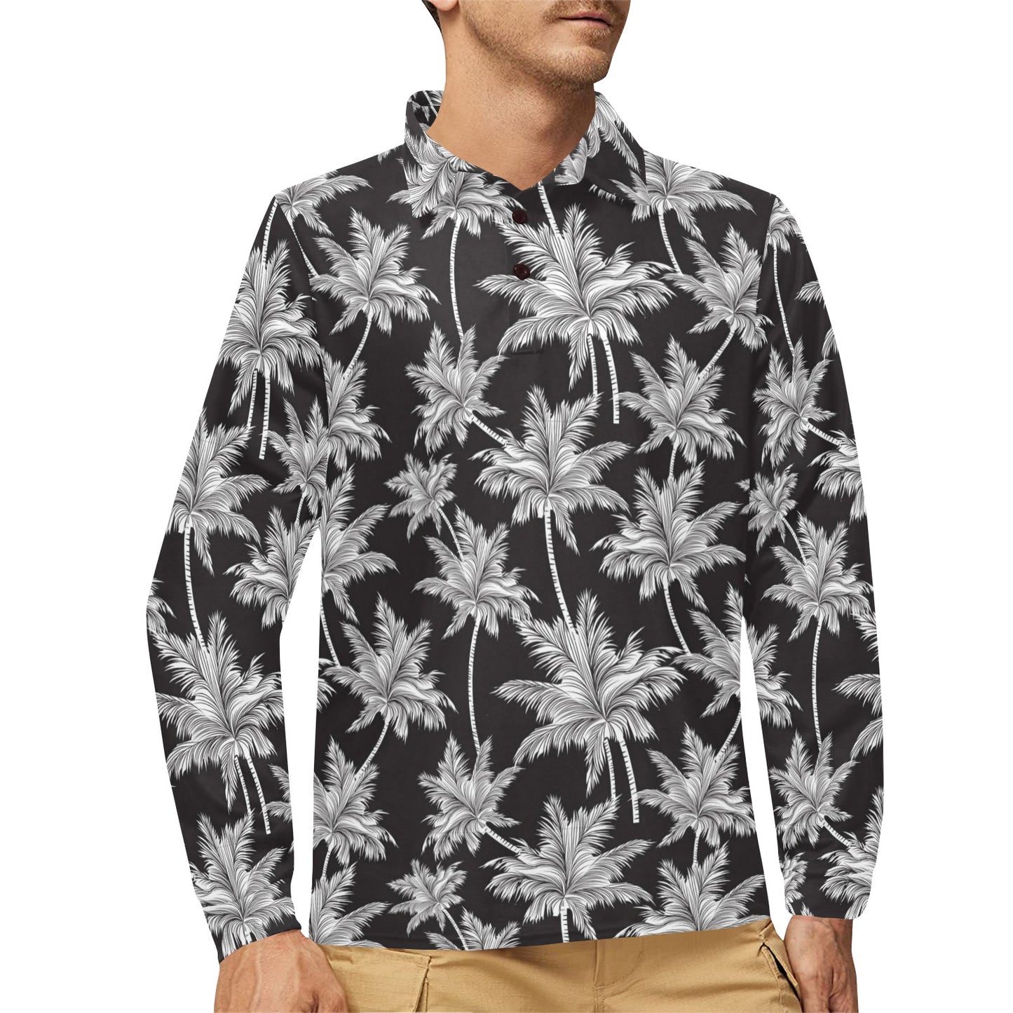 Palm Tree Pattern Print Design PT03 Long Sleeve Polo Shirt For Men's