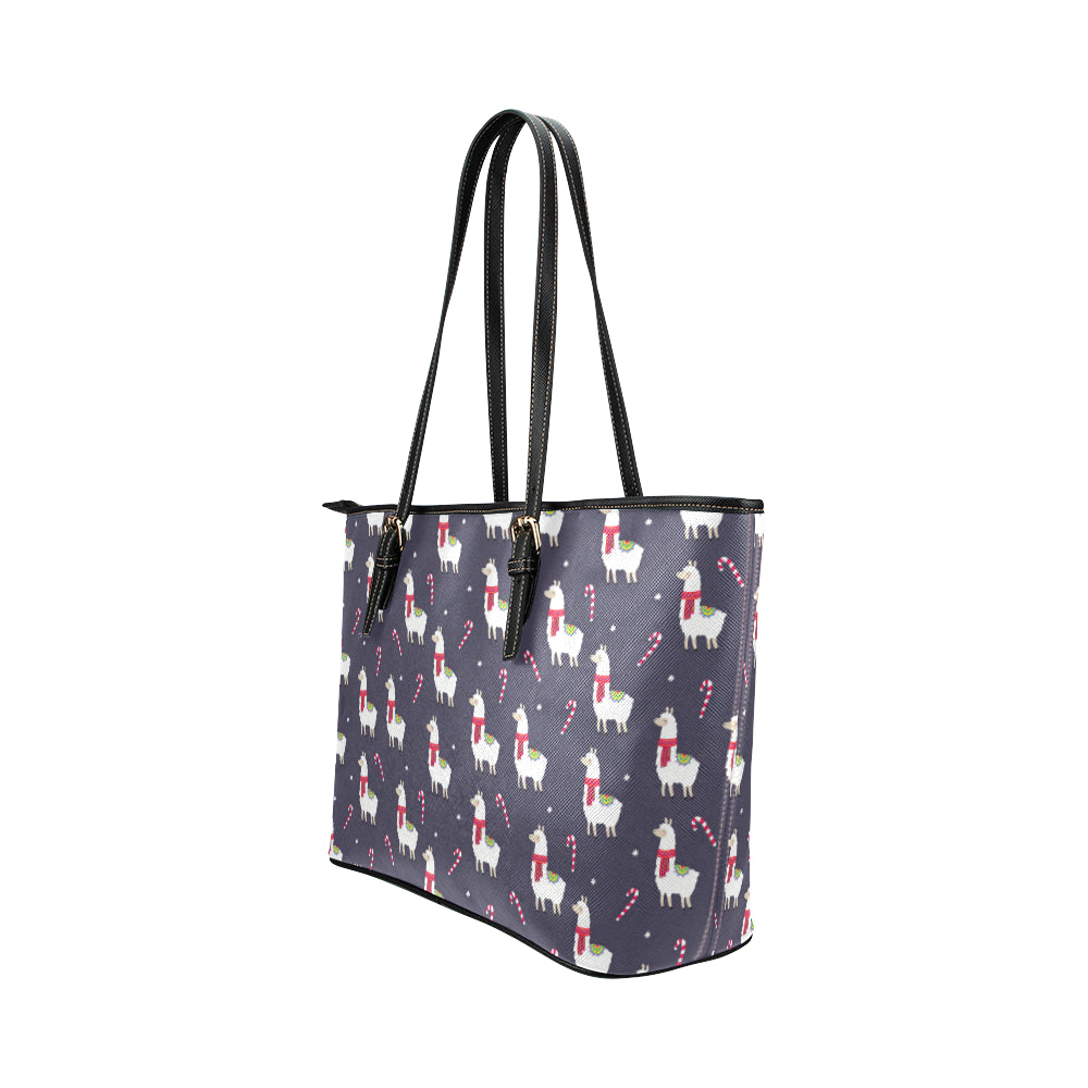 Llama with Candy Cane Themed Print Leather Tote Bag