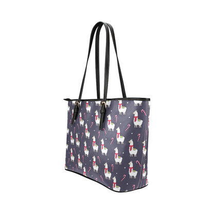 Llama with Candy Cane Themed Print Leather Tote Bag