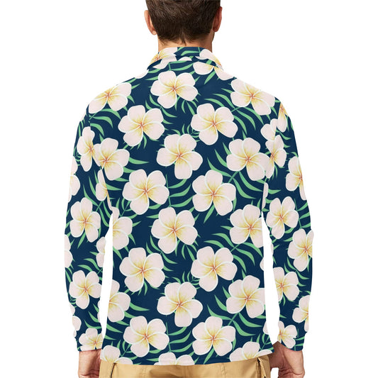 Pink Plumeria Pattern Print Design PM016 Long Sleeve Polo Shirt For Men's