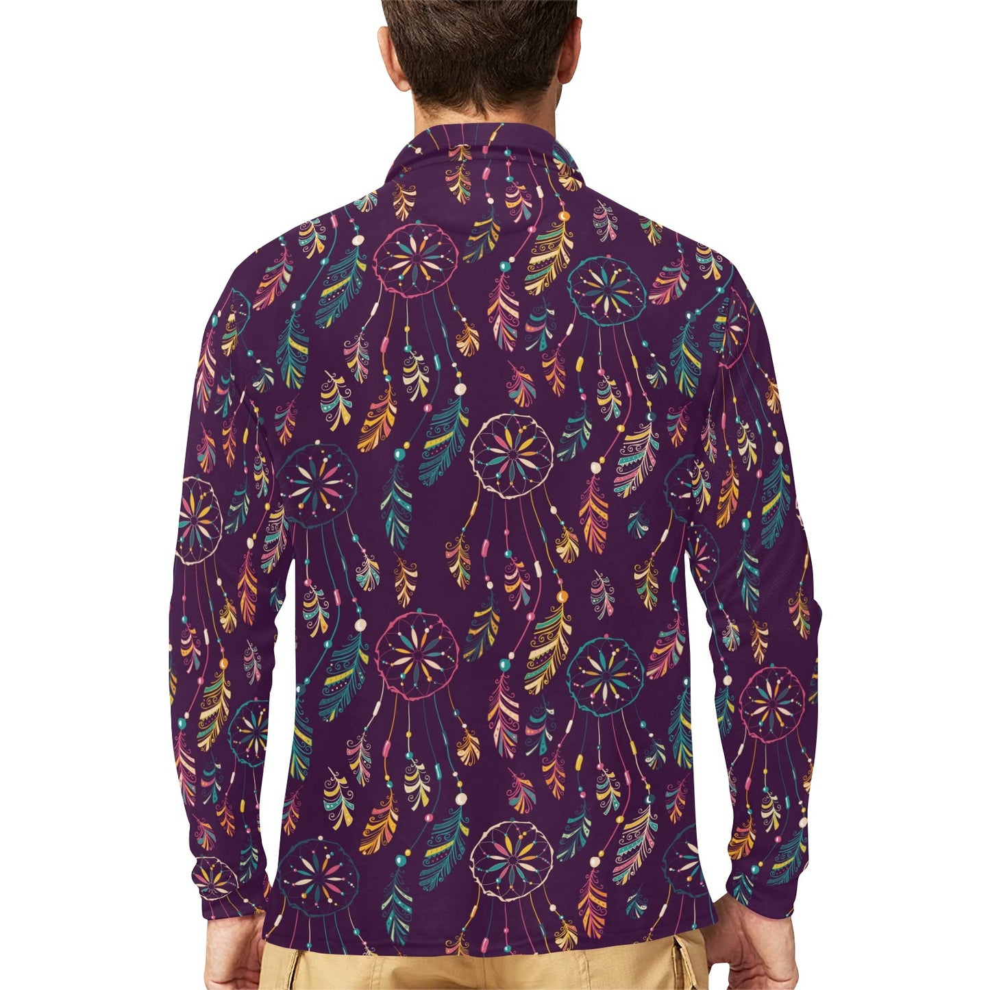 Dream Catcher Boho Design Long Sleeve Polo Shirt For Men's