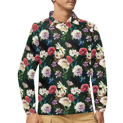 Summer Floral Print Design LKS303 Long Sleeve Polo Shirt For Men's
