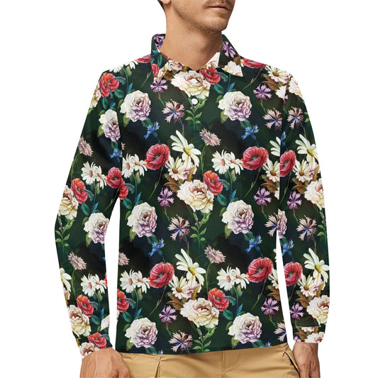 Summer Floral Print Design LKS303 Long Sleeve Polo Shirt For Men's