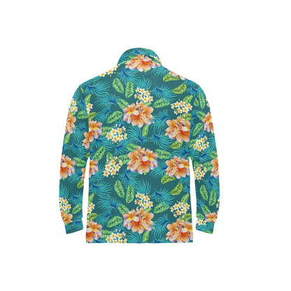 Plumeria Tropical Flower Design Print Long Sleeve Polo Shirt For Men's