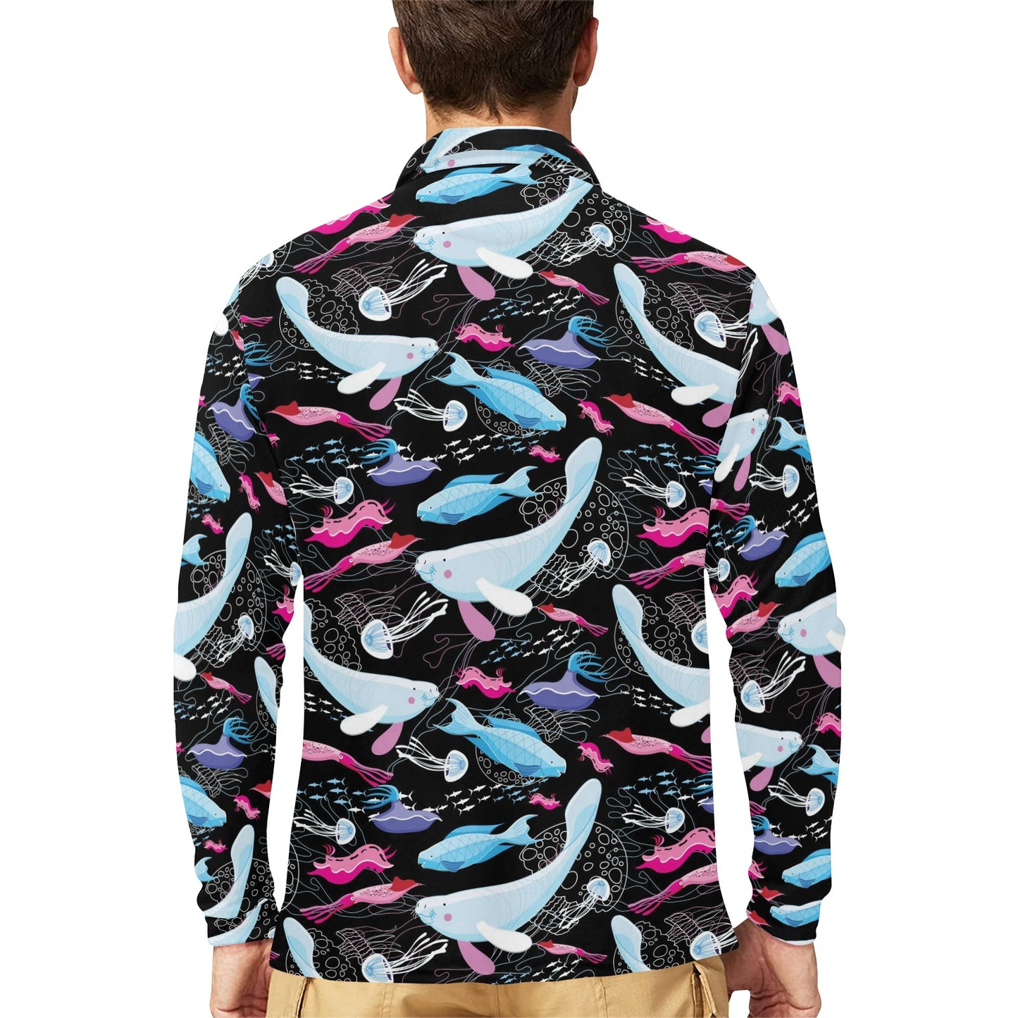 Manatee Pattern Print Design 02 Long Sleeve Polo Shirt For Men's