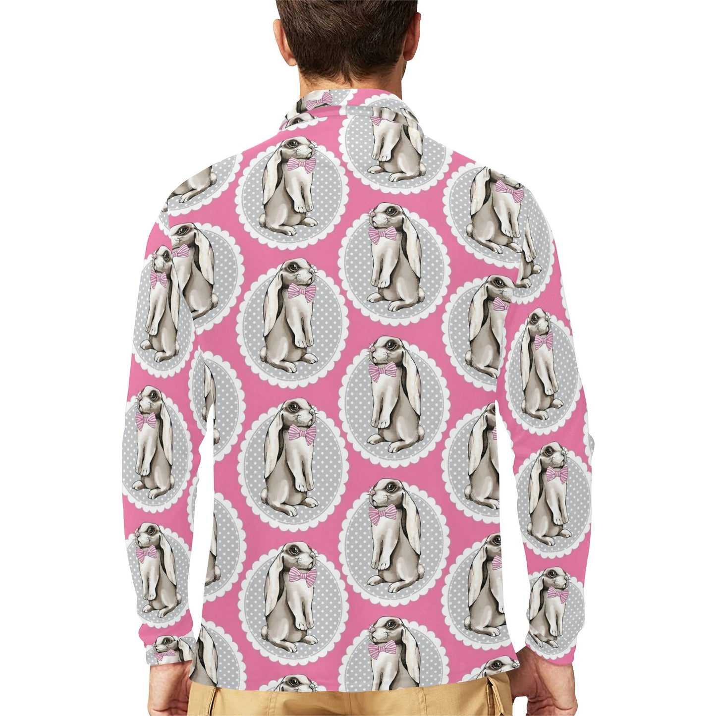 Rabbit Pattern Print Design RB019 Long Sleeve Polo Shirt For Men's