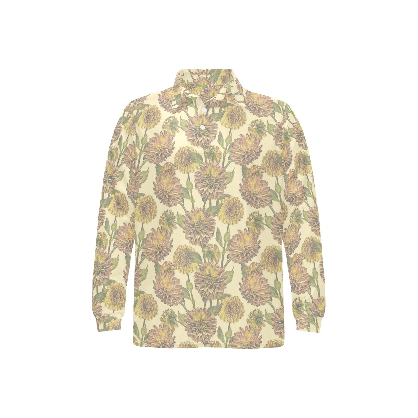 Dahlia Pattern Print Design DH09 Long Sleeve Polo Shirt For Men's