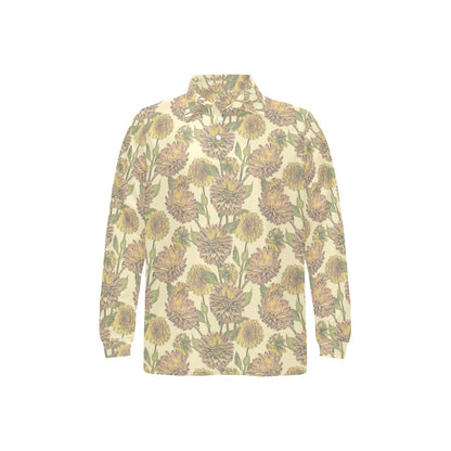 Dahlia Pattern Print Design DH09 Long Sleeve Polo Shirt For Men's