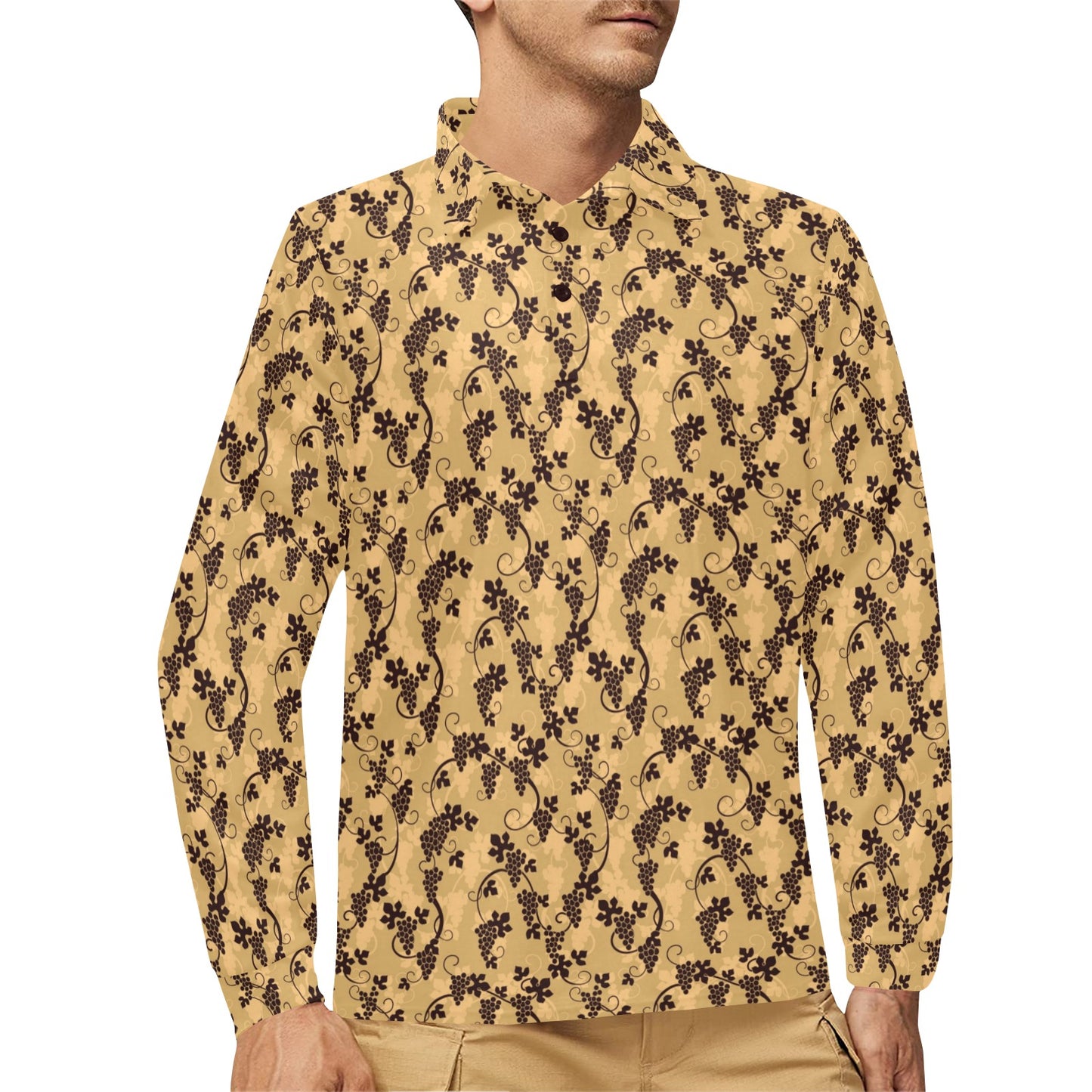 Wine Grape Design Print Long Sleeve Polo Shirt For Men's