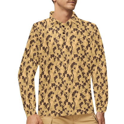 Wine Grape Design Print Long Sleeve Polo Shirt For Men's