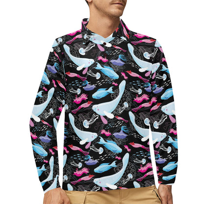 Manatee Pattern Print Design 02 Long Sleeve Polo Shirt For Men's